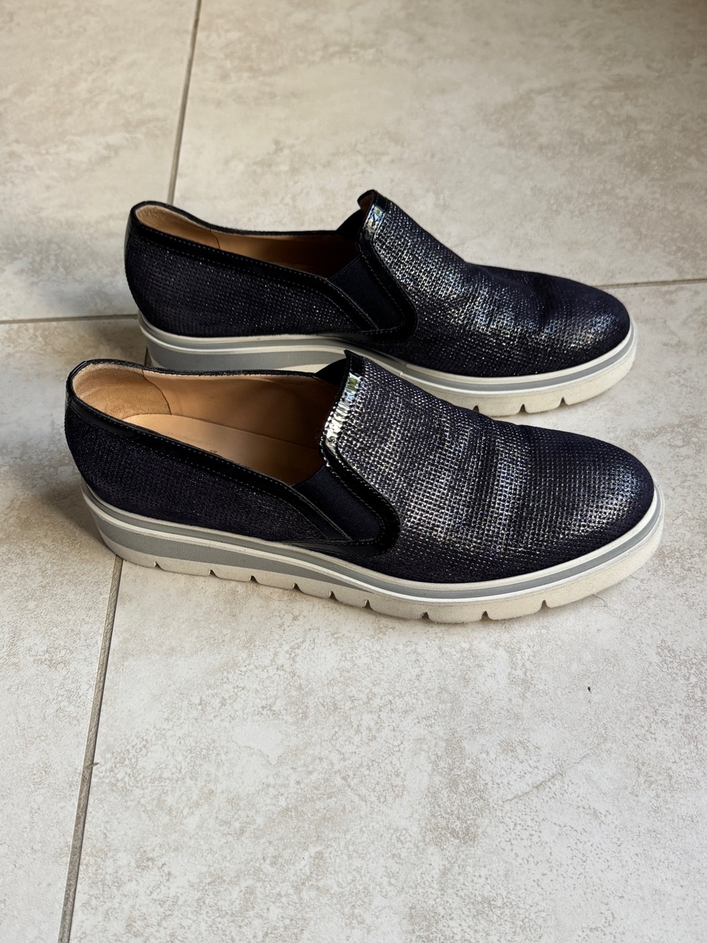 Slip-On Platform Sneakers in Shimmery Navy Blue - Made in Italy 100% Leather